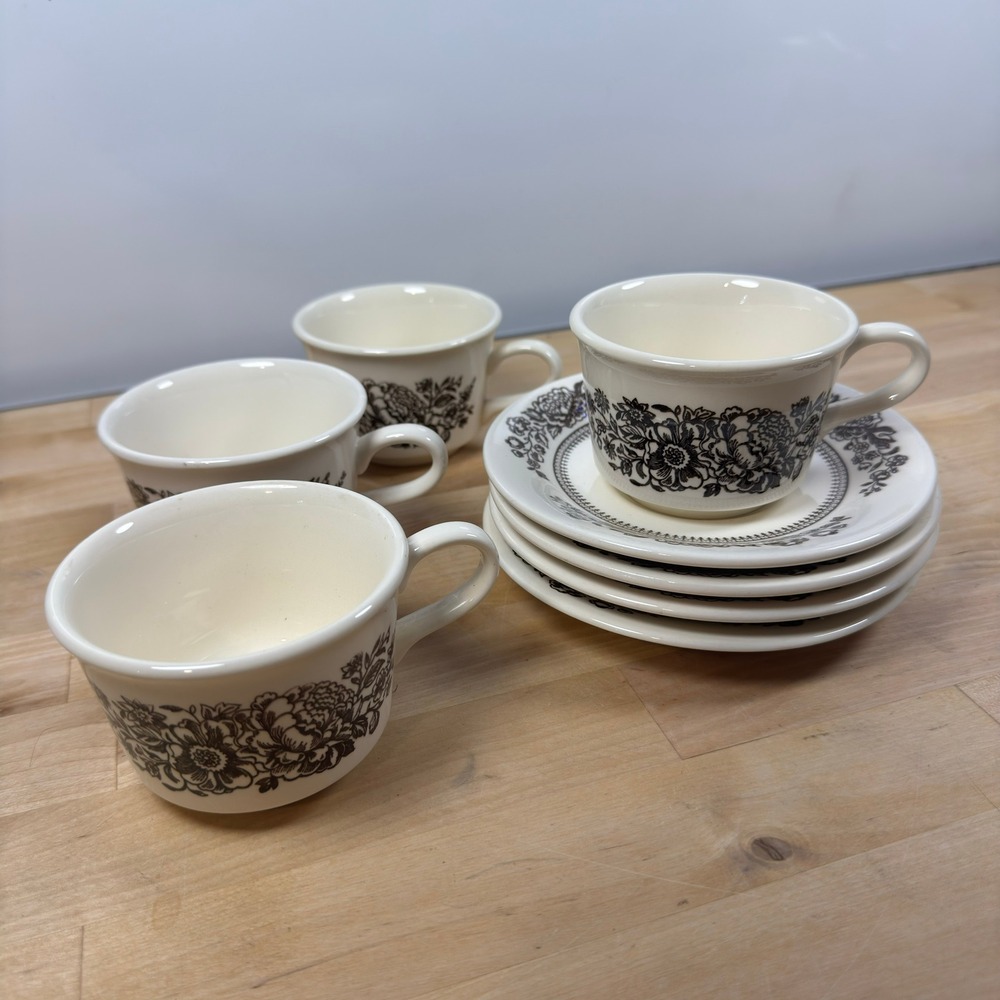 Vintage USA Brown Floral Stoneware Tea Cup and Saucer Set of 4 Cream Ceramic